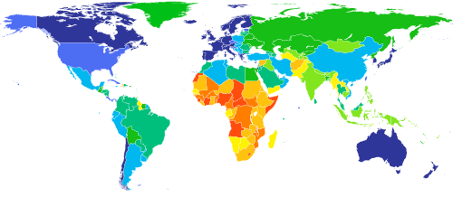 >80 77.5–80 75–77.5 72.5–75 70–72.5 67.5–70 65–67.5 60–65 55–60 50–55 Life expectancy by region in 2015[8][9][10][11]