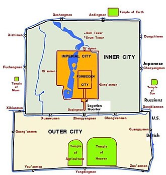 Beijing in 1900 was surrounded by high walls broken by many gates (men). The Legation Quarter adjoined the southeast corner of the Imperial city.