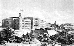 The first Federal Palace in Bern (1857). One of the three cantons presiding over the Tagsatzung (former legislative and executive council), Bern was chosen as the permanent seat of federal legislative and executive institutions in 1848, in part because of its closeness to the French-speaking area.[2]