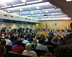 A city council meeting in Fullerton, California