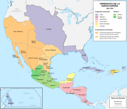 New Spain in 1794, with its province of New Philippines to its northeast, in light orange, west of Spanish Louisiana, in purple