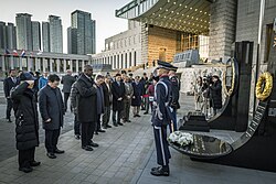 US Secretary of Defense Lloyd Austin lays a wreath at the War Memorial of Korea