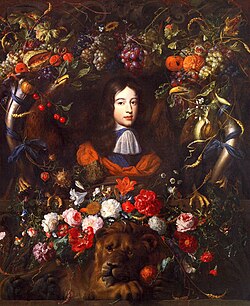 The young prince portrayed by Jan Davidsz de Heem and Jan Vermeer van Utrecht within a flower garland filled with symbols of the House of Orange-Nassau, c. 1660