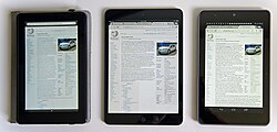 Comparison of several mini tablet computers: Amazon Kindle Fire (left), iPad Mini (center), and Google Nexus 7 (right)