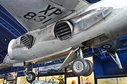 Underside view of the first prototype P.1127. The rotating jet nozzles were a key design element of its VTOL capability