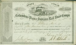 Share of the Columbus Piqua & Indiana Rail Road Company, issued 17 February 1852