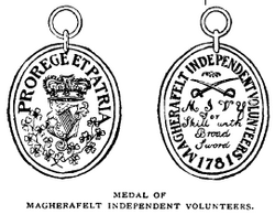 Drawing of the medal awarded to the First Magherafelt Volunteers for skill with broadsword, showing shamrocks