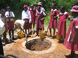 School children in Zimbabwe digging a shallow pit for an Arborloo toilet (a variation of a pit latrine).