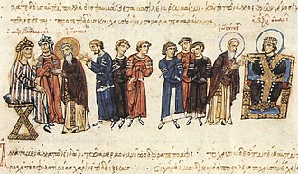 Manuscript illustration of an embassy travelling between two rulers