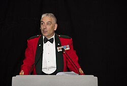 A Canadian Army chief warrant officer in No. 2 mess dress during a formal ball