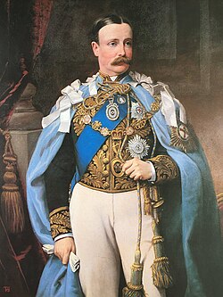 The 6th Marquess of Londonderry in the 1880s wearing the sky-blue mantle of the Order of St. Patrick and the darker blue sash of Order of the Garter.