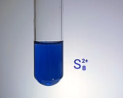 When sulfur is dissolved in oleum, a dark blue solution containing S82+ is obtained
