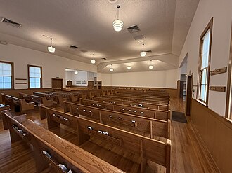 The interior of the meetinghouse of the Modesto Congeragation of the Old German Baptist Brethren Church, New Conference, a Schwarzenau Brethren Anabaptist denomination