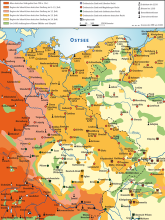 Map of the phases of German eastward expansion (8th to 14th century) based on the work of Walter Kuhn, Nazi Party member and propagandist of the Germanisation of Poland