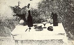 19th-century printed reproduction of a still life believed to be a c. 1832 Niépce physautotype (glass original accidentally destroyed c. 1900)[14]