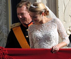 Stéphanie, Hereditary Grand Duchess of Luxembourg, wearing an Elie Saab bridal gown in 2012.