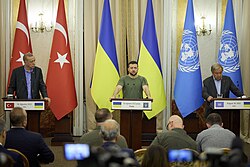 Erdoğan with Ukrainian President Volodymyr Zelenskyy and UN Secretary-General António Guterres in Lviv, Ukraine, on 18 August 2022