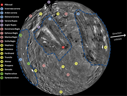 Illustration of the positions of the main geological structures on an image of Miranda