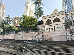 View of Parshuram Mandir from the Banganga tank in the Walkeshwar area of Malabar Hill in South Mumbai