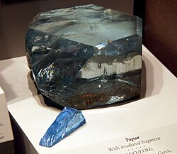 Large topaz gemstone and small irradiated topaz fragment on display at the Smithsonian Museum of Natural History.