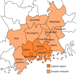 A map of Helsinki's capital region (in orange) and its sub-regional municipalities (in light orange)