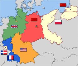Occupation zone borders in Germany, 1947. The territories east of the Oder–Neisse line under Polish and Soviet administration and Saar Protectorate shown as white.