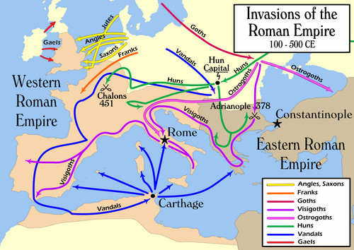 Ending invasions on Roman Empire since the 2nd and throughout the 5th centuries establishing mostly Germanic kingdoms in its place
