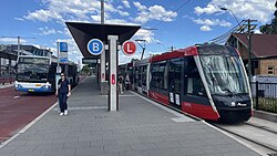 Bus stop next to a tramway station on the Sydney light rail network.