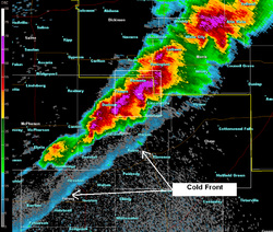 A cold front as it appeared on the National Weather Service Wichita, Kansas WSR-88D on April 3, 2011. The thin blue line labeled "cold front" is the front, with severe thunderstorms seen developing behind the front, which is moving towards the bottom right.