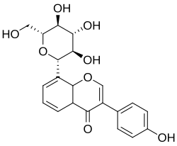 The C-glucoside substructure of polyphenols is exemplified by the phenol-saccharide conjugate puerarin, a midmolecular-weight plant natural product. The attachment of the phenol to the saccharide is by a carbon-carbon bond. The isoflavone and its 10-atom benzopyran "fused ring" system, also a structural feature here, is common in polyphenols.