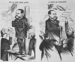 Cartoon depicting Václav Bělský (1818–1878), Mayor of Prague from 1863 until 1867, in charge of the city during Prussian occupation in July 1866. Some forces wanted to try him for high treason (left: "What some men wished" – "Dr. Bělský for high treason"), but he got a full confidence from the Council of Prague (right: "but what they did not expect" – "address of confidence from the city of Prague").