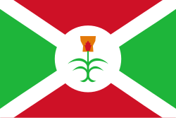 flag white saltire cross on green and red background with plant in centre white rondel