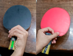 The forehand (red) and backhand (black) view of the Natural V-Grip. This is not the modified 'pistol' handle.