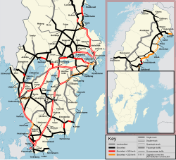 A map of railways in Sweden: 250 km/h (155 mph) 200 km/h (125 mph) <200 km/h (125 mph) <140 km/h (87 mph) (unelectrified)