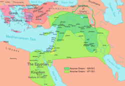 A map of the Neo-Assyrian Empire under Shalmaneser III (dark green) and Esarhaddon (light green)