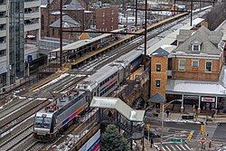 NJ Transit commuter train on the Northeast Corridor in New Brunswick, New Jersey