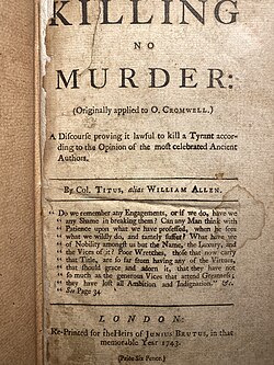 Killing No Murder, cover page, 18th century reprint of 17th century English pamphlet written to inspire and make righteous the act of assassinating Oliver Cromwell