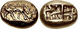 The earliest inscribed coinage: electrum coin of Phanes from Ephesus, 625–600 BC. Obverse: Stag grazing right, ΦΑΝΕΩΣ (retrograde). Reverse: Two incuse punches, each with raised intersecting lines.[9]