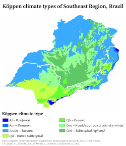 Climate classification for Southeastern Brazil, according to the Köppen criteria.[3]