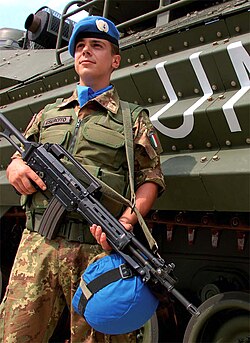 A soldier from the Italian Army stands guard during the UNIFIL mission in Lebanon.