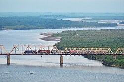 The Tumen River flows into the Sea of Japan. The last 17 km of the river form the border between North Korea and Russia. This picture is of the Korea Russia Friendship Bridge that crosses the Tumen River.
