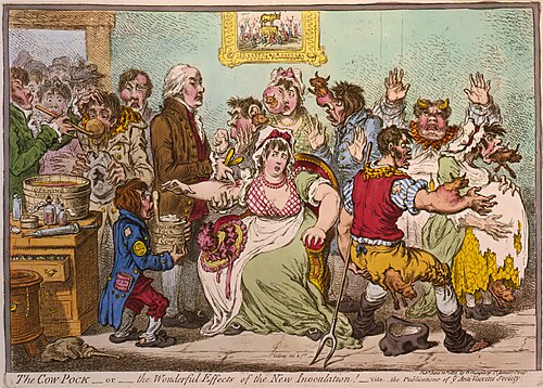 An 1802 cartoon by James Gillray of the early hysteria surrounding Edward Jenner's vaccination procedure, showing his cowpox-derived smallpox vaccine causing cattle to emerge from patients