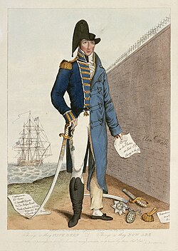 A caricature created in 1815 titled Things as they have been. Things as they now are. The left side of the image depicts Cochrane as a heroic naval officer. The right side depicts him as a disgraced civilian imprisoned within the walls of the King's Bench Prison.