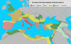 The extent of the Roman Republic and Roman Empire in 218 BC (dark red), 133 BC (light red), 44 BC (orange), 14 AD (yellow), after 14 AD (green), and maximum extension under Trajan 117 (light green).