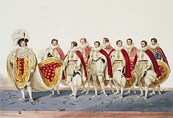 George IV with the train of his robe being carried by eight sons of peers and the Master of the Robes