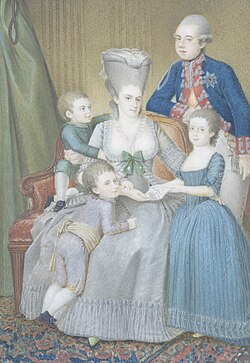 Willem V of Orange, stadholder from 1751 to 1806, and Wilhelmina of Prussia with three of their five children. From left to right: the future William I of the Netherlands, Frederick, and Frederica Louise Wilhelmina.