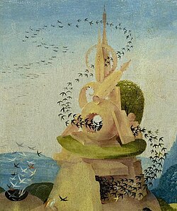 Birds swarming through cavities of a hut-shaped form in the left background of the left panel