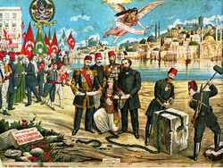 The 1876 Constitution: Midhat Pasha, Prince Sabahaddin, Fuad Pasha, Namık Kemal, and the millets grant freedom to an idealized female figure representing Turkey, whose chains are being smashed by military leaders Niyazi Bey and Enver Pasha. The flying angel displays a banner with the motto of the French Revolution: Liberty, Equality, Fraternity in Turkish (Perso-Arabic script) and in Greek. The scene takes place in a generic Bosphorus scenery. Reproduced from a 1908 lithograph celebrating the re-introduction of the constitution thanks to the Young Turk Revolution of 1908.