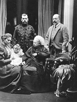 Edward (right) with his mother (centre); his niece Empress Alexandra of Russia (far left); her husband, Tsar Nicholas II; and their daughter Olga, 1896