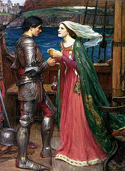 During the 12th century, Arthur's character began to be marginalised by the accretion of "Arthurian" side-stories such as that of Tristan and Iseult, here pictured in a painting by John William Waterhouse (1916)